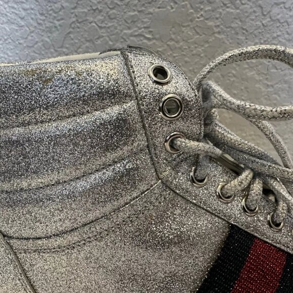 Gucci Sneakers Glitter Web Leather Silver Metallic High Top RARE Gucci 9, US 9.5 - Picture 9 of 10